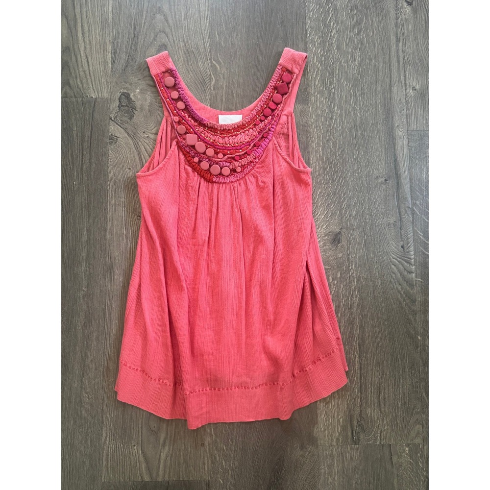 Savana Anthropologie Embellished Bib Tank Top XS Coral Pink Cotton Excellent
